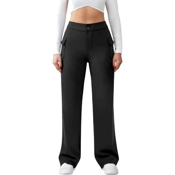 Pants - Women's Coal Black Casual High Waist Straight Leg Imported Stretchy Button Pants